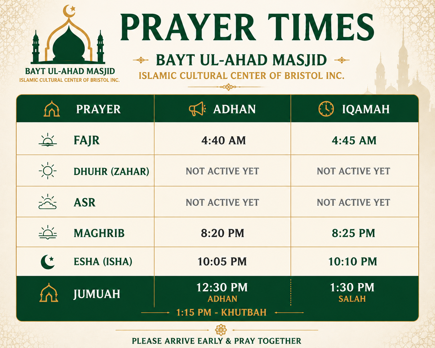 Bayt Ul Ahad Masjid July 26 Prayer Time